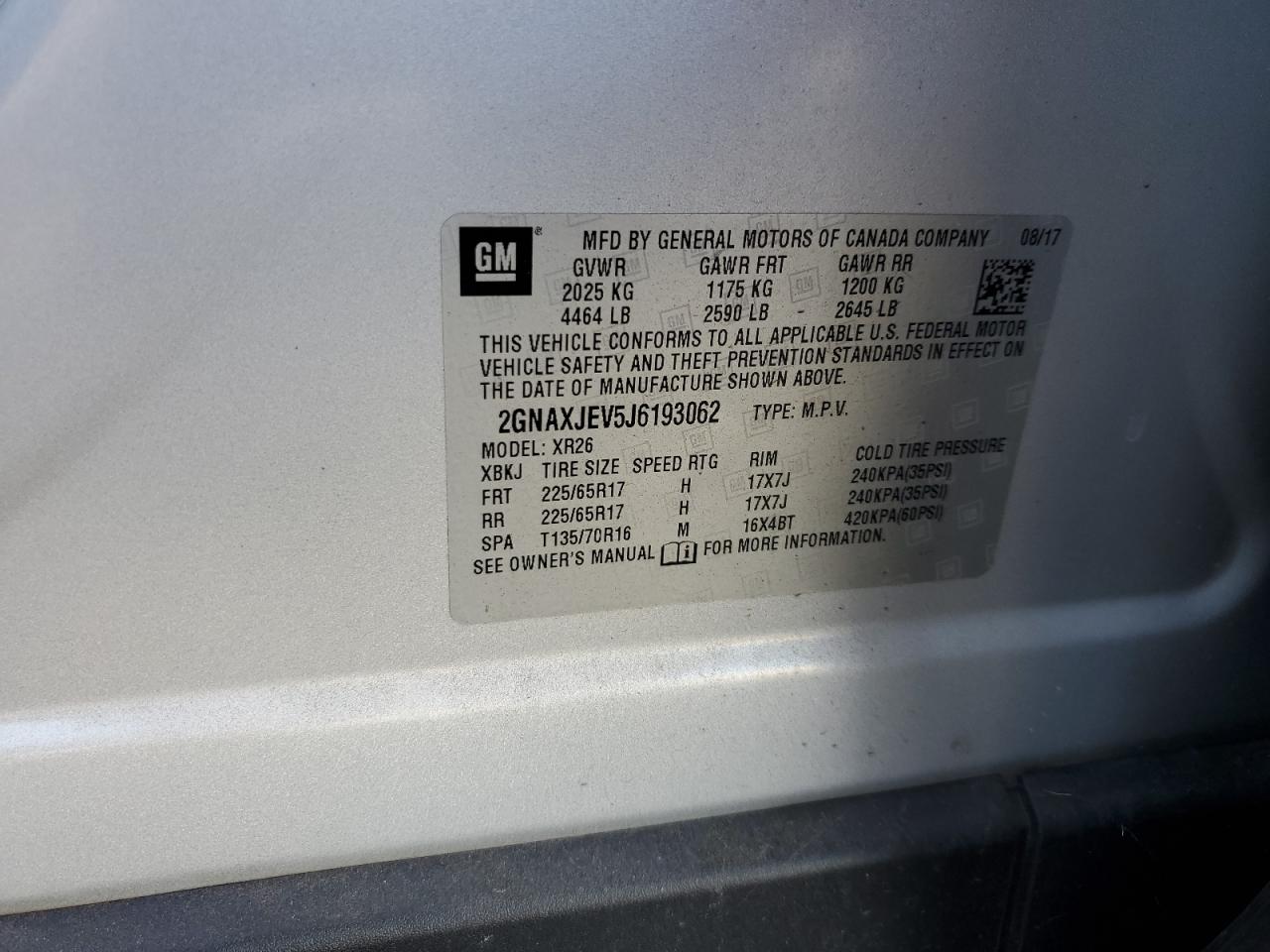 2018 Chevrolet Equinox VIN 2GNAXJEV5J6193062 Copart auction photo, rear end damage thumbnail 15