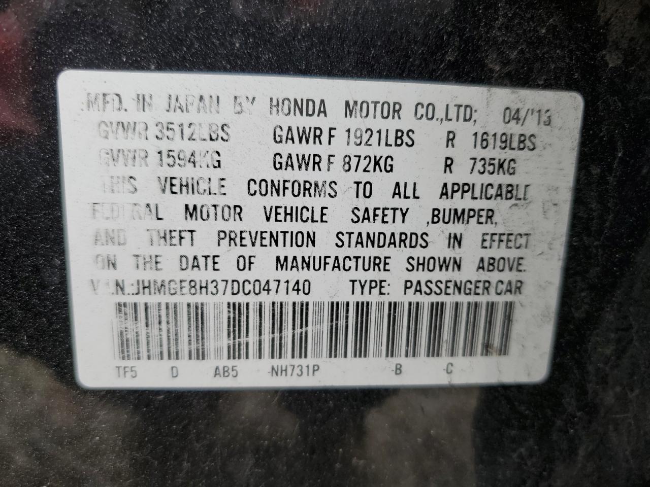 2013 Honda Fit VIN JHMGE8H37DC047140 Copart auction photo, side damage thumbnail 13