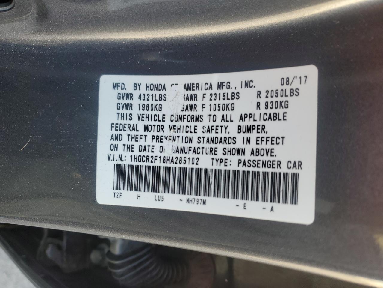 2017 Honda Accord VIN 1HGCR2F18HA285102 Copart auction photo, side / mechanical damage thumbnail 13