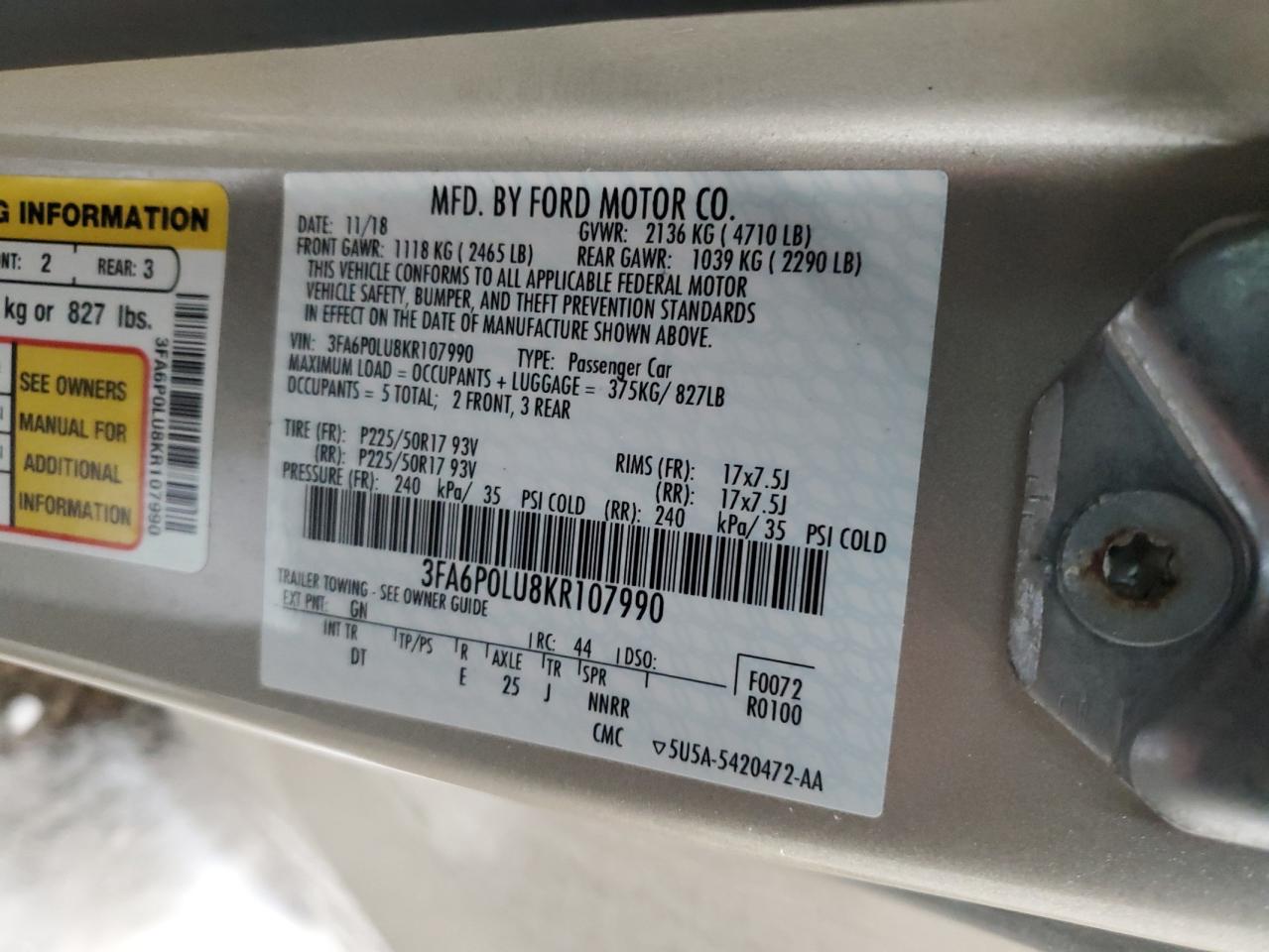 2019 Ford Fusion VIN 3FA6P0LU8KR107990 Copart auction photo, front end / side damage thumbnail 12