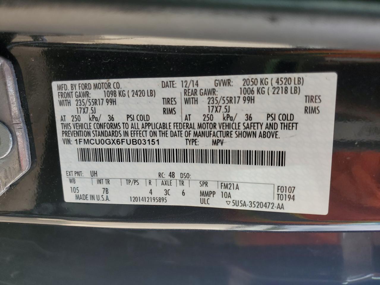 2015 Ford Escape VIN 1FMCU0GX6FUB03151 Copart auction photo, front end damage thumbnail 16