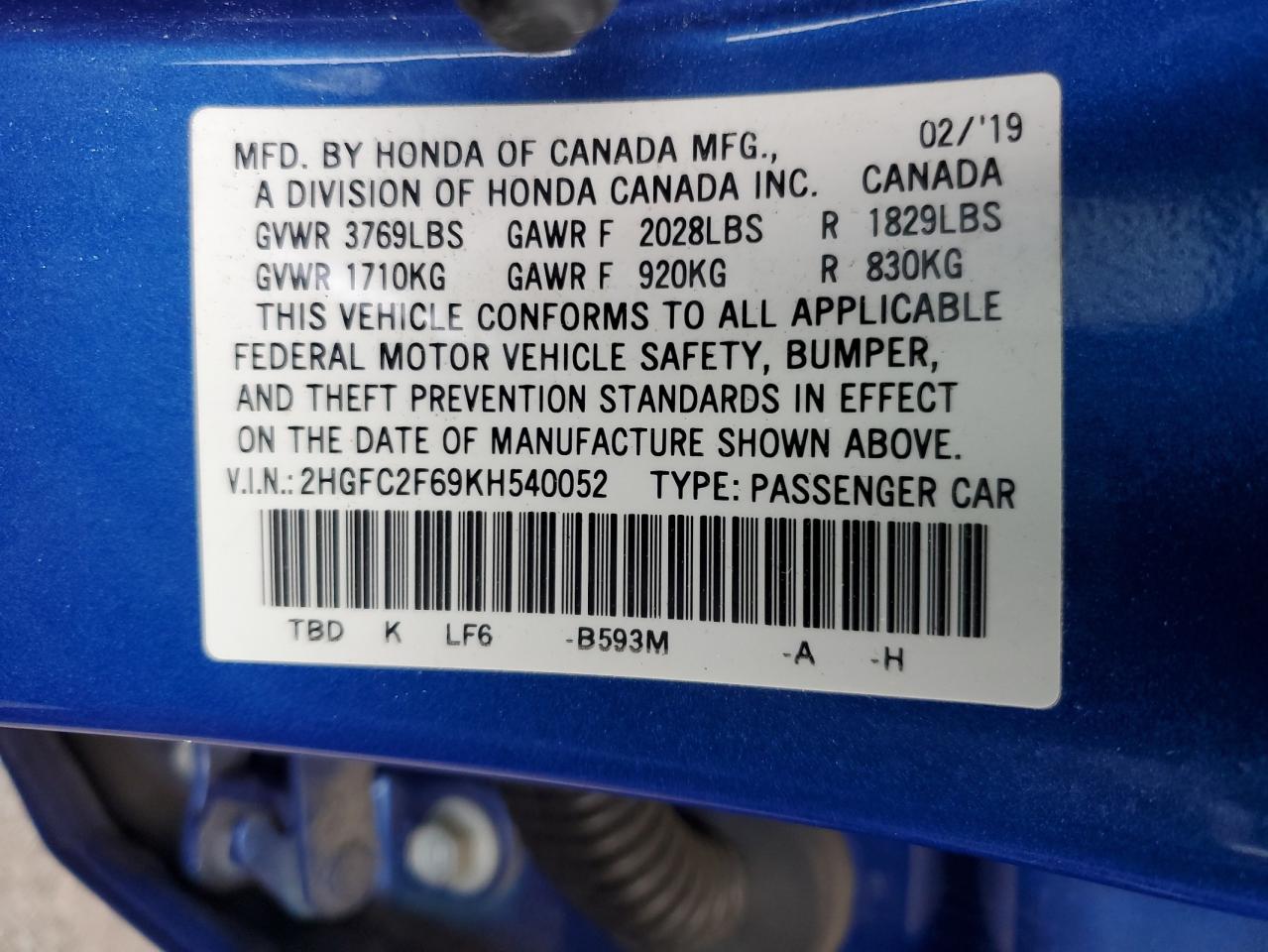 2019 Honda Civic VIN 2HGFC2F69KH540052 Copart auction photo, all over damage thumbnail 15