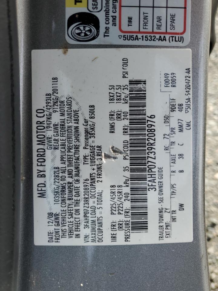 2009 Ford Fusion VIN 3FAHP07Z39R208976 Copart auction photo, front end / minor dent/scratches damage thumbnail 12
