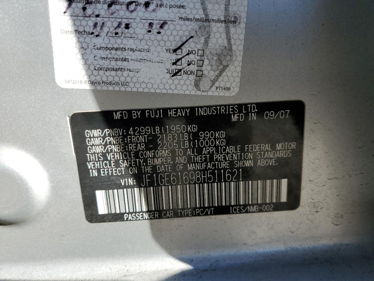 2008 Subaru Impreza VIN JF1GE61698H511621 Copart auction photo, front end / rear end damage thumbnail 12