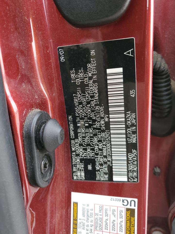 2008 Lexus GX VIN JTJBT20XX80152921 Copart auction photo, front end / rear end damage thumbnail 13