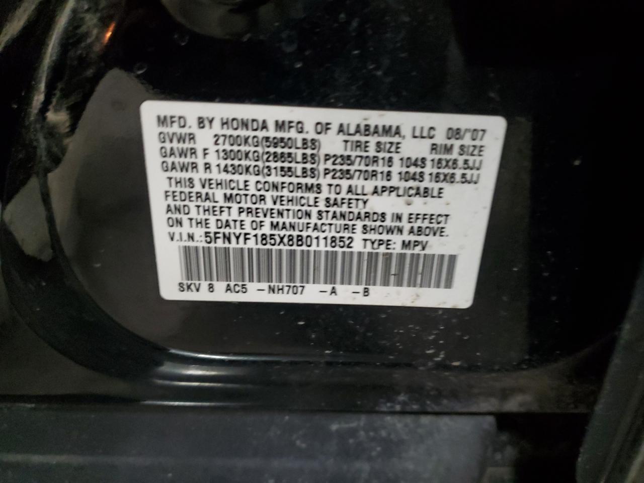 2008 Honda Pilot VIN 5FNYF185X8B011852 Copart auction photo, rollover damage thumbnail 13