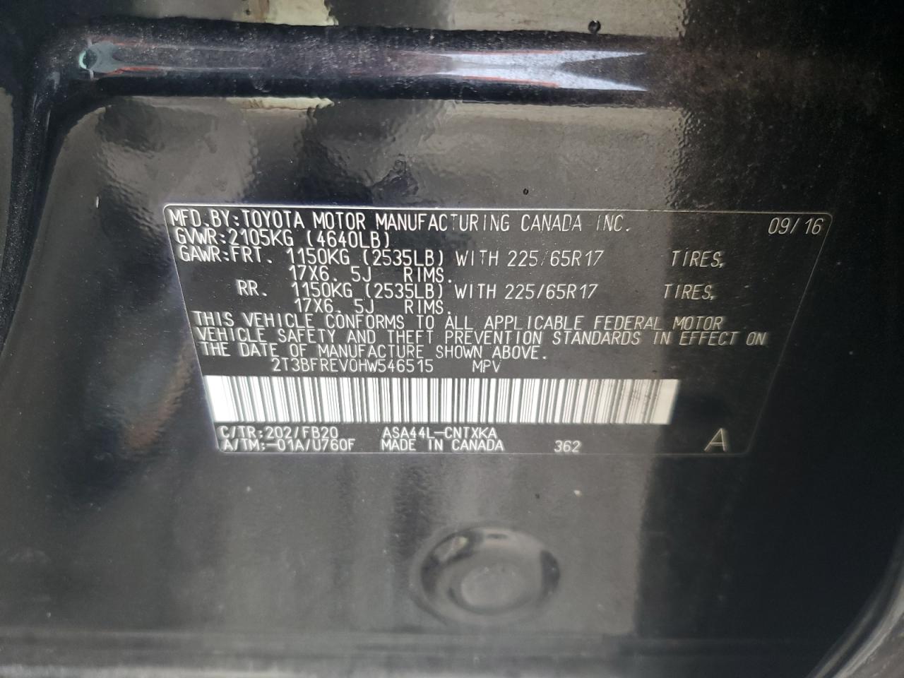 2017 Toyota RAV 4 VIN 2T3BFREV0HW546515 Copart auction photo, front end damage thumbnail 12