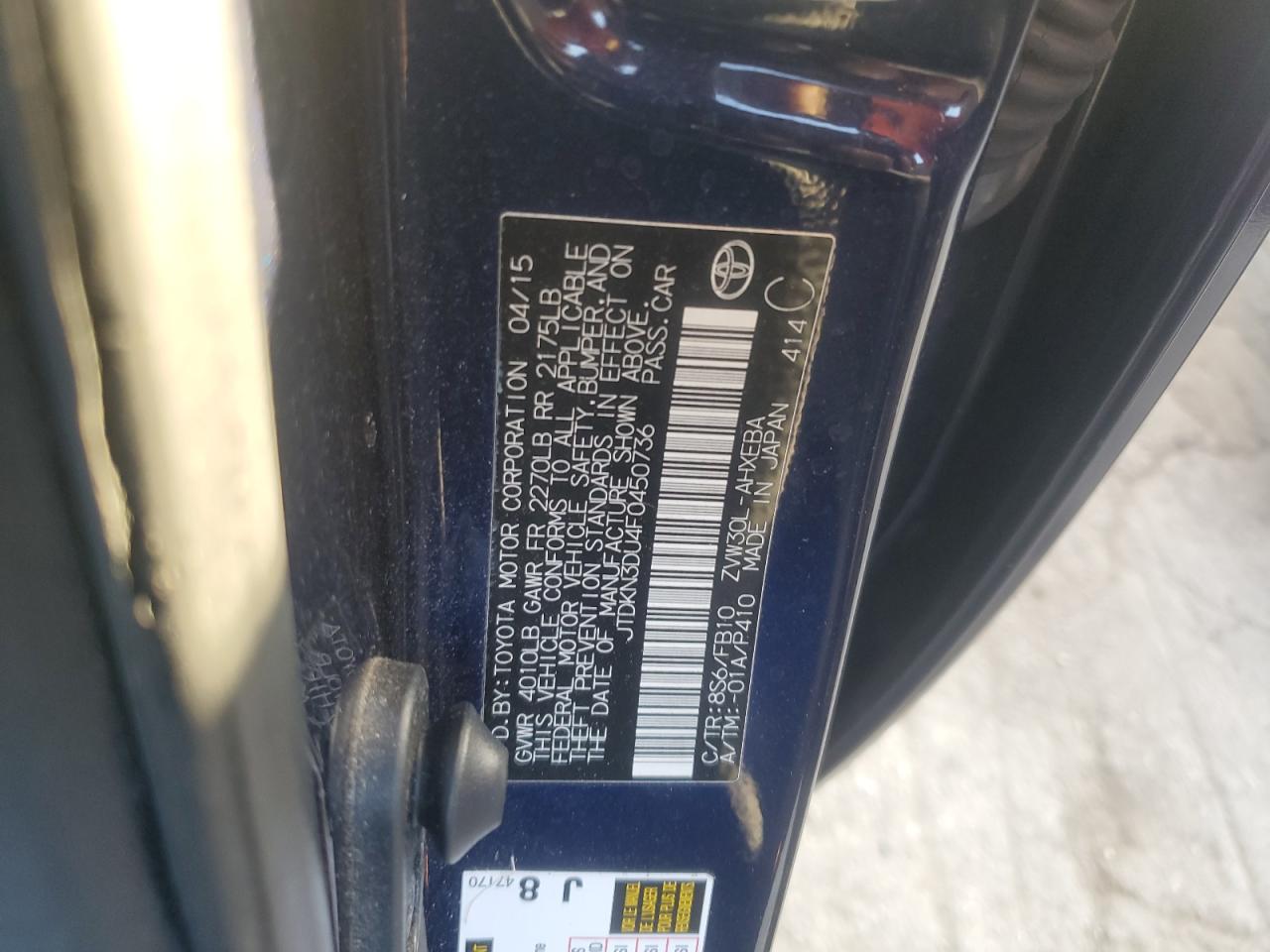 2015 Toyota Prius VIN JTDKN3DU4F0450736 Copart auction photo, front end damage thumbnail 12