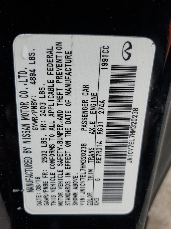 2017 Infiniti Q60 VIN JN1CV7EL7HM320238 Copart auction photo, front end damage thumbnail 14