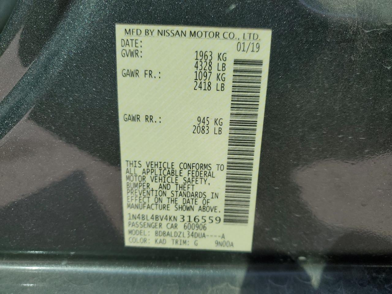 2019 Nissan Altima VIN 1N4BL4BV4KN316559 Copart auction photo, front end damage thumbnail 13