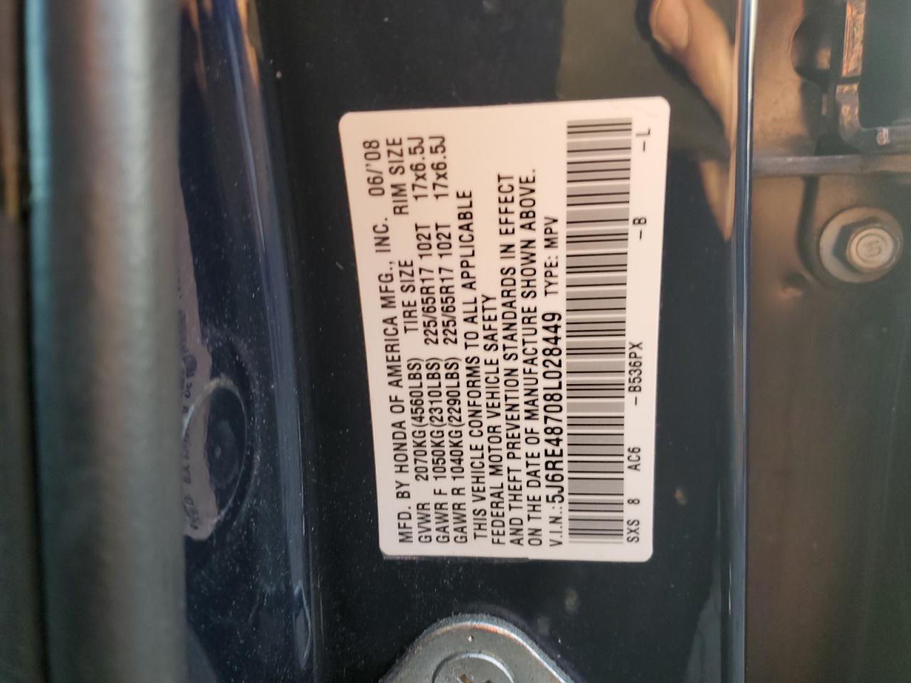 2008 Honda CR-V VIN 5J6RE48708L028449 Copart auction photo, front end damage thumbnail 12
