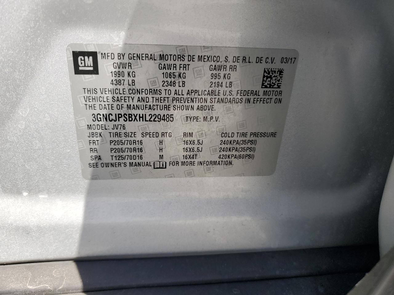 2017 Chevrolet Trax VIN 3GNCJPSBXHL229485 Copart auction photo, front end damage thumbnail 13