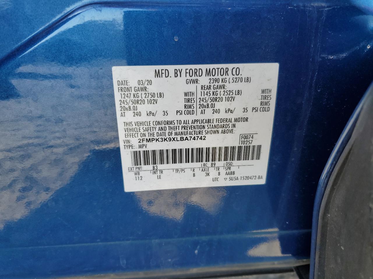 2020 Ford Edge VIN 2FMPK3K9XLBA74742 Copart auction photo, rear end / minor dent/scratches damage thumbnail 13