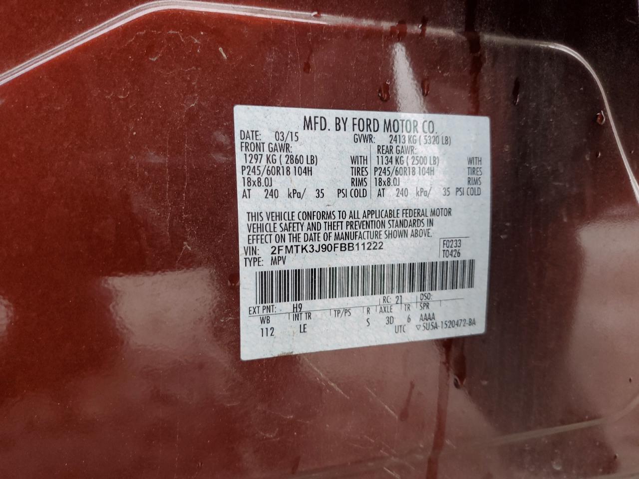 2015 Ford Edge VIN 2FMTK3J90FBB11222 Copart auction photo, rear end damage thumbnail 14