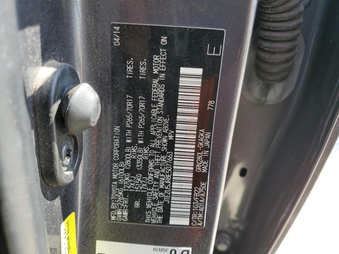 2014 Toyota 4Runner VIN JTEZU5JR8E5077663 Copart auction photo, side / frame damage damage thumbnail 13