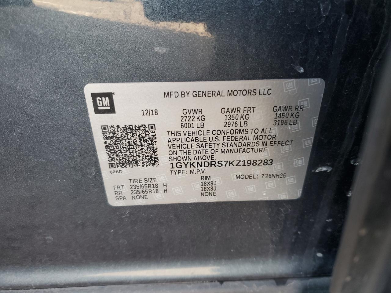 2019 Cadillac XT5 VIN 1GYKNDRS7KZ198283 Copart auction photo, all over damage thumbnail 13