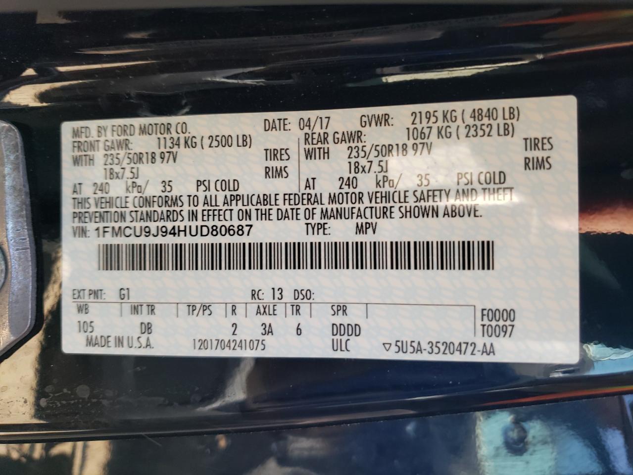2017 Ford Escape VIN 1FMCU9J94HUD80687 Copart auction photo, hail damage thumbnail 13