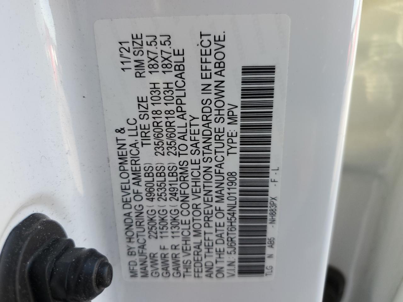 2022 Honda CR-V VIN 5J6RT6H54NL011908 Copart auction photo, all over damage thumbnail 15