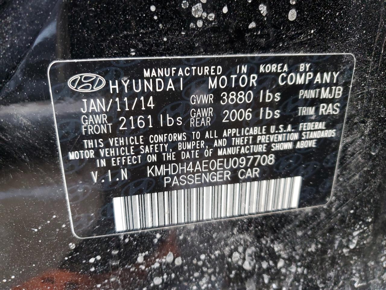 2014 Hyundai Elantra VIN KMHDH4AE0EU097708 Copart auction photo, vandalism damage thumbnail 12