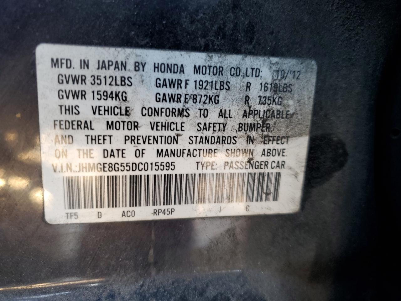 2013 Honda Fit VIN JHMGE8G55DC015595 Copart auction photo, front end / rear end damage thumbnail 12