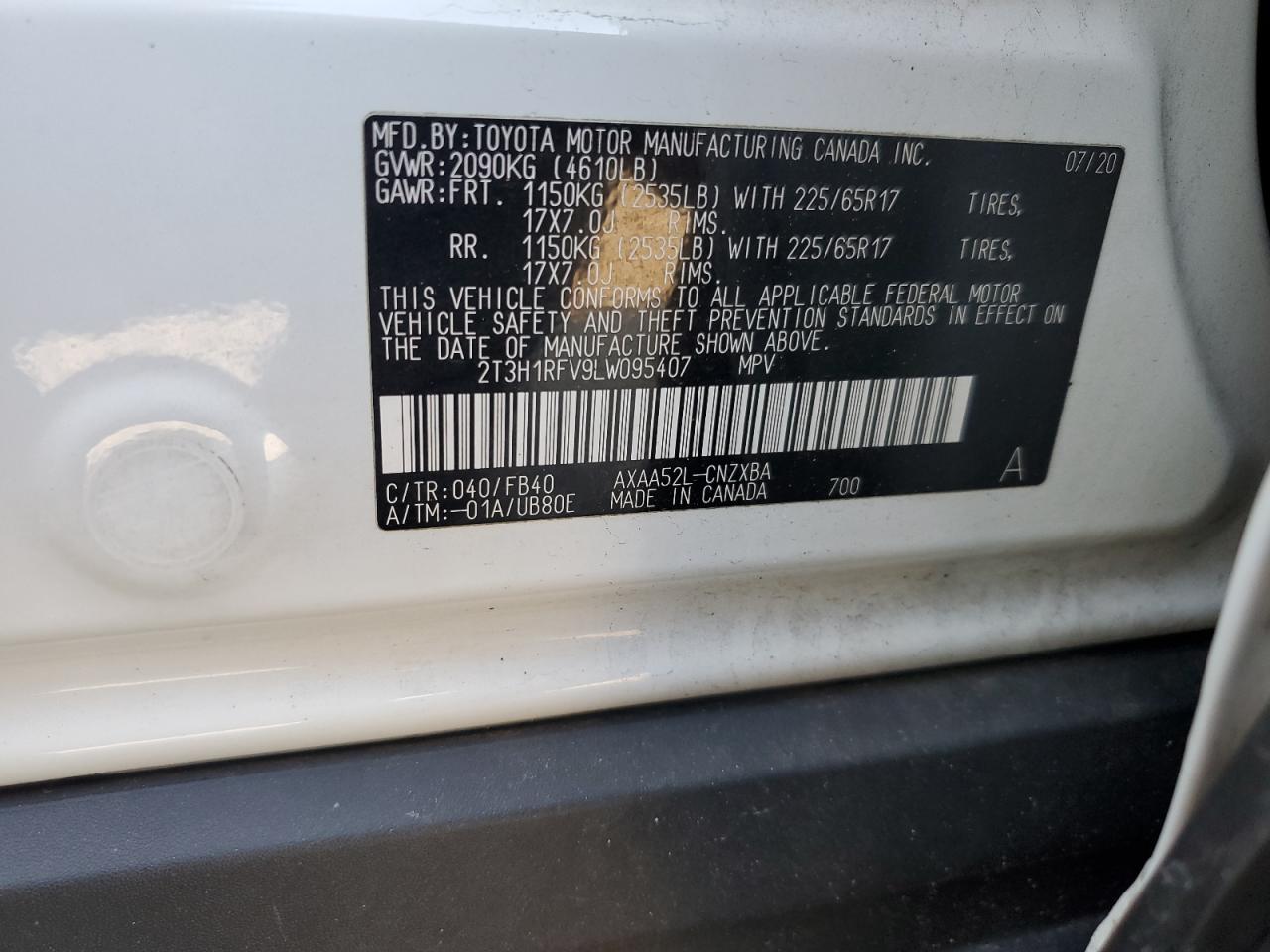 2020 Toyota RAV 4 VIN 2T3H1RFV9LW095407 Copart auction photo, side damage thumbnail 12