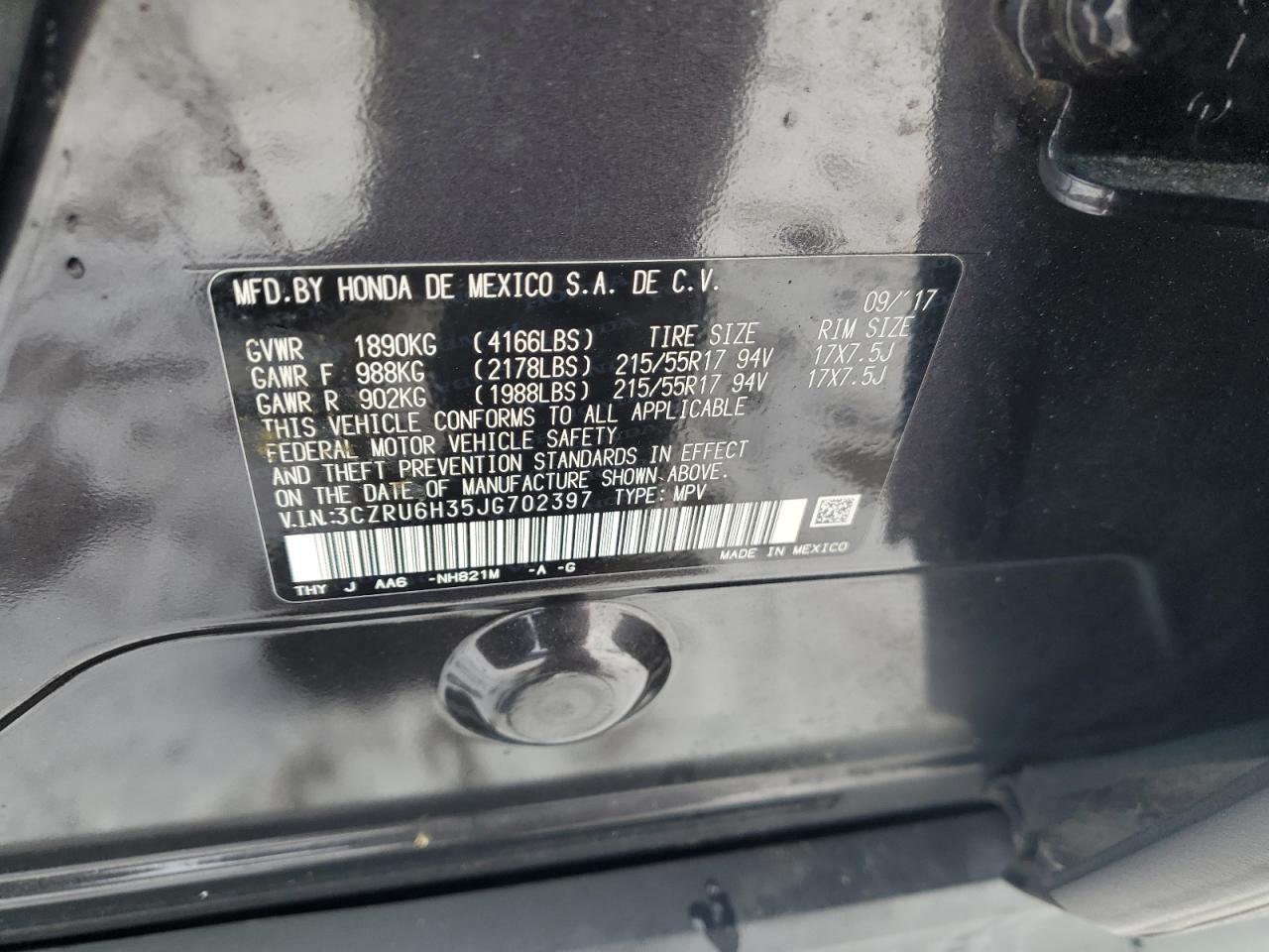 2018 Honda HR-V VIN 3CZRU6H35JG702397 Copart auction photo, front end damage thumbnail 13