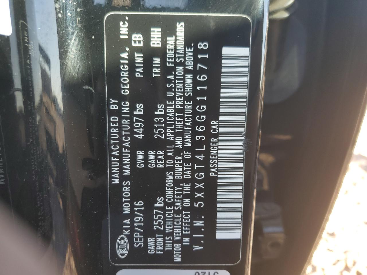 2016 KIA Optima VIN 5XXGT4L36GG116718 Copart auction photo, side / front end damage thumbnail 12