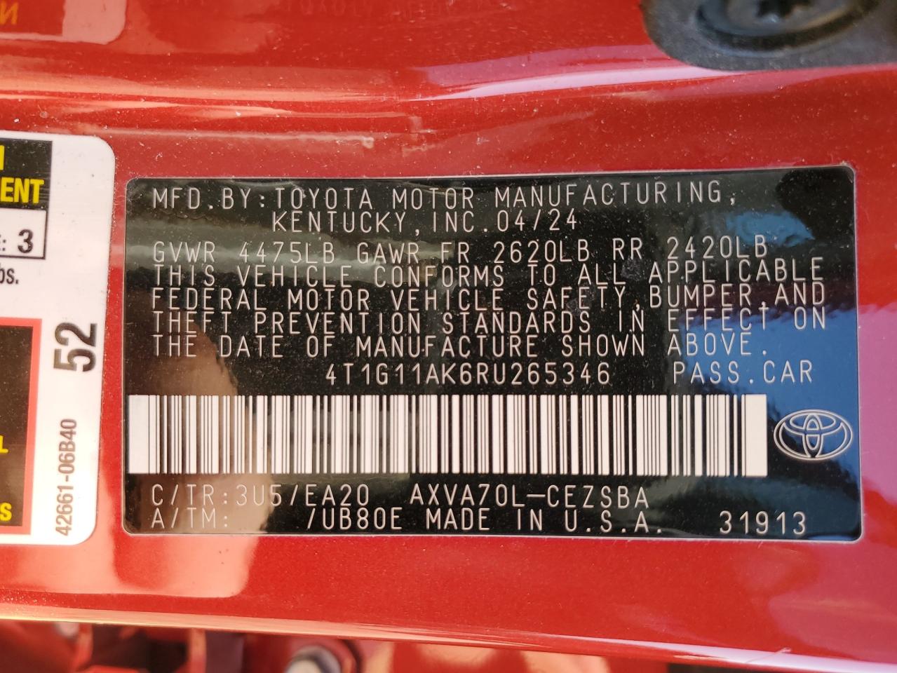 2024 Toyota Camry VIN 4T1G11AK6RU265346 Copart auction photo, front end damage thumbnail 14