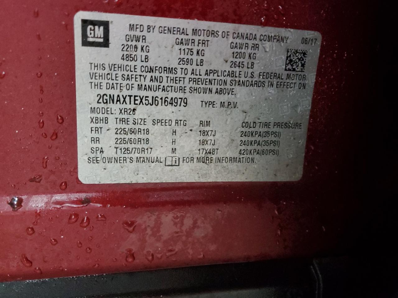 2018 Chevrolet Equinox VIN 2GNAXTEX5J6164979 Copart auction photo, all over damage thumbnail 14