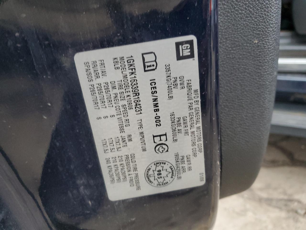 2009 GMC Yukon VIN 1GKFK16339R184231 Copart auction photo, front end / side damage thumbnail 13