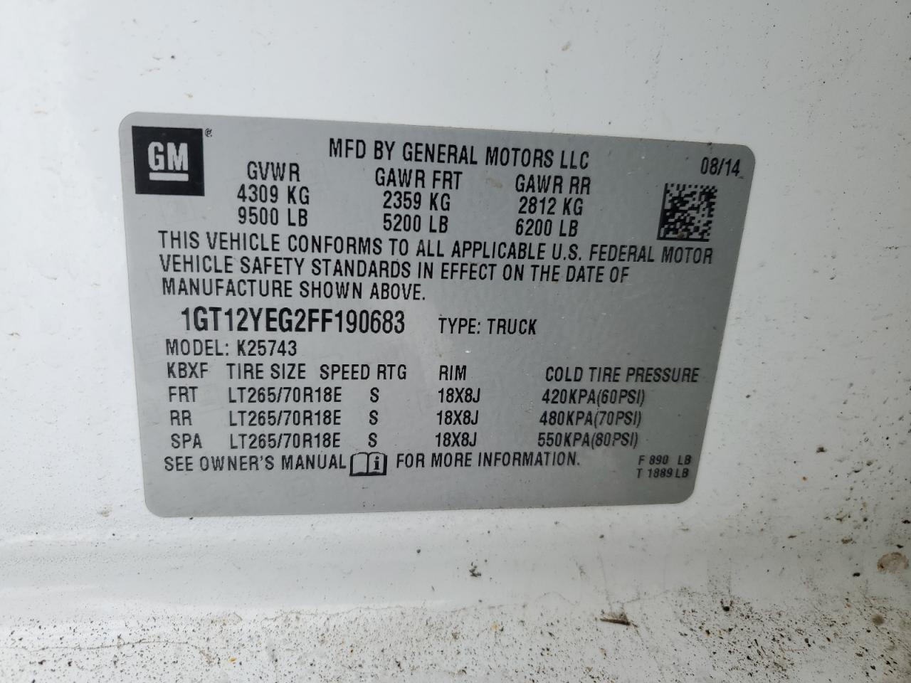 2015 GMC Sierra VIN 1GT12YEG2FF190683 Copart auction photo, front end damage thumbnail 12