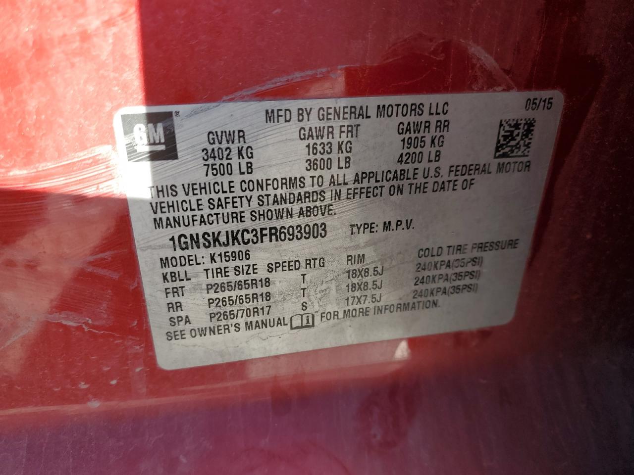 2015 Chevrolet Suburban VIN 1GNSKJKC3FR693903 Copart auction photo, front end / side damage thumbnail 13