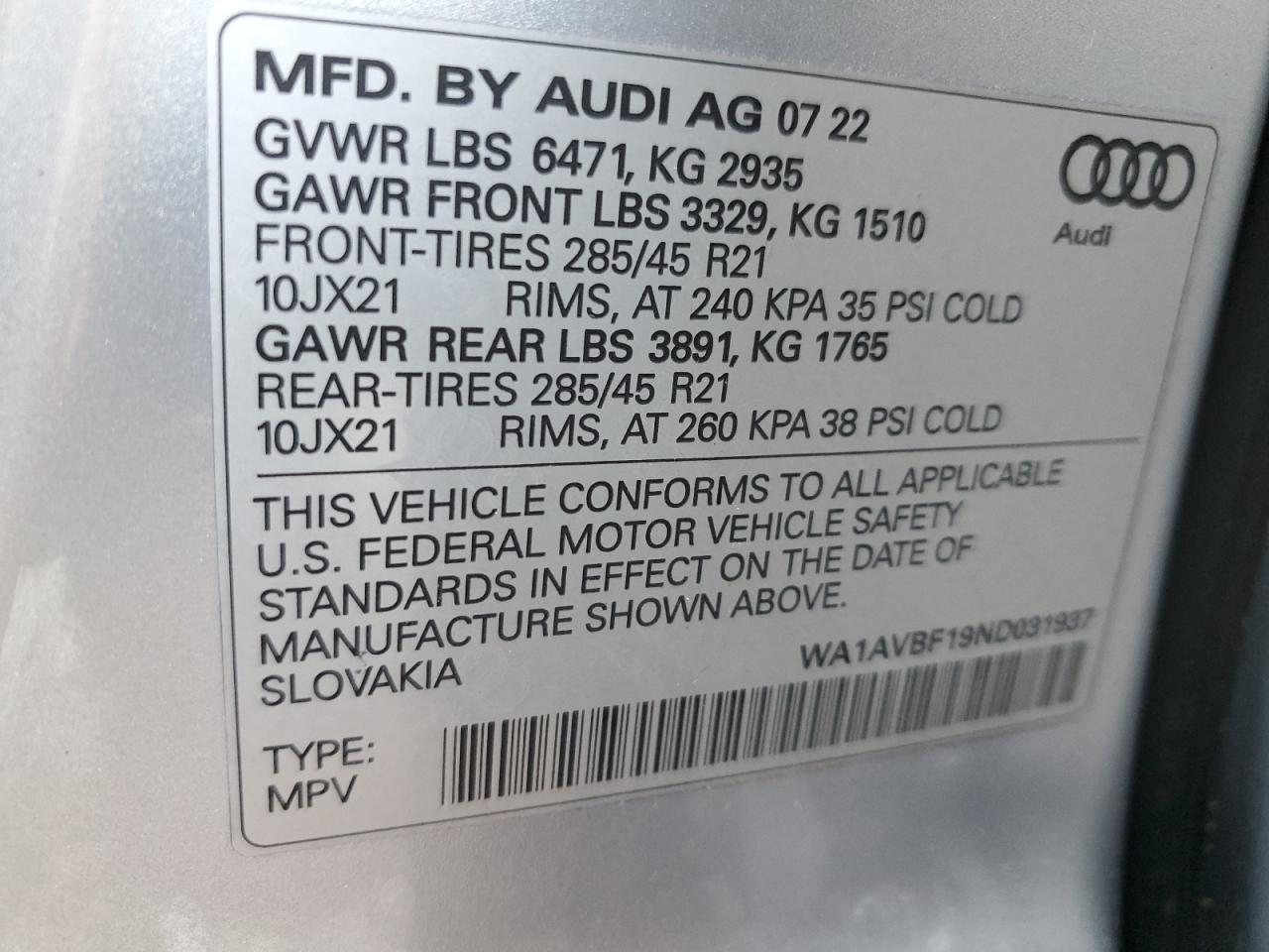2022 Audi Q8 VIN WA1AVBF19ND031937 Copart auction photo, rear end / mechanical damage thumbnail 16