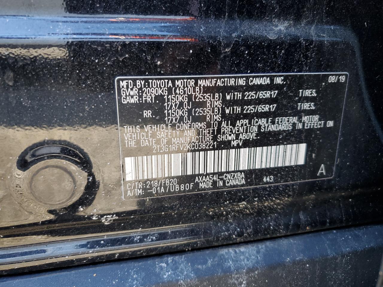 2019 Toyota RAV 4 VIN 2T3G1RFV2KC038221 Copart auction photo, front end damage thumbnail 13