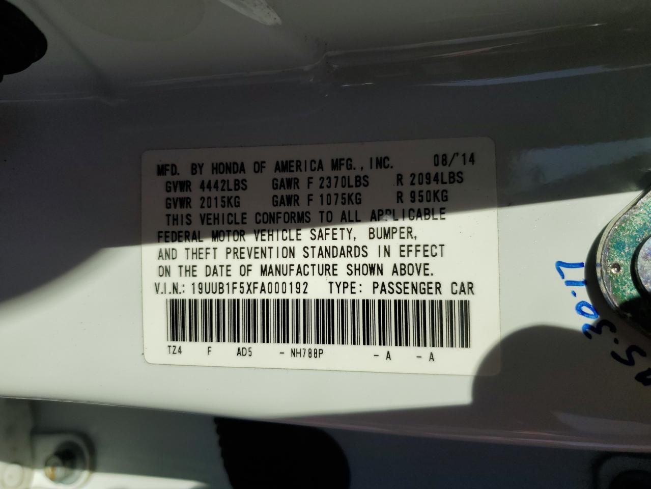 2015 Acura TLX VIN 19UUB1F5XFA000192 Copart auction photo, front end damage thumbnail 12