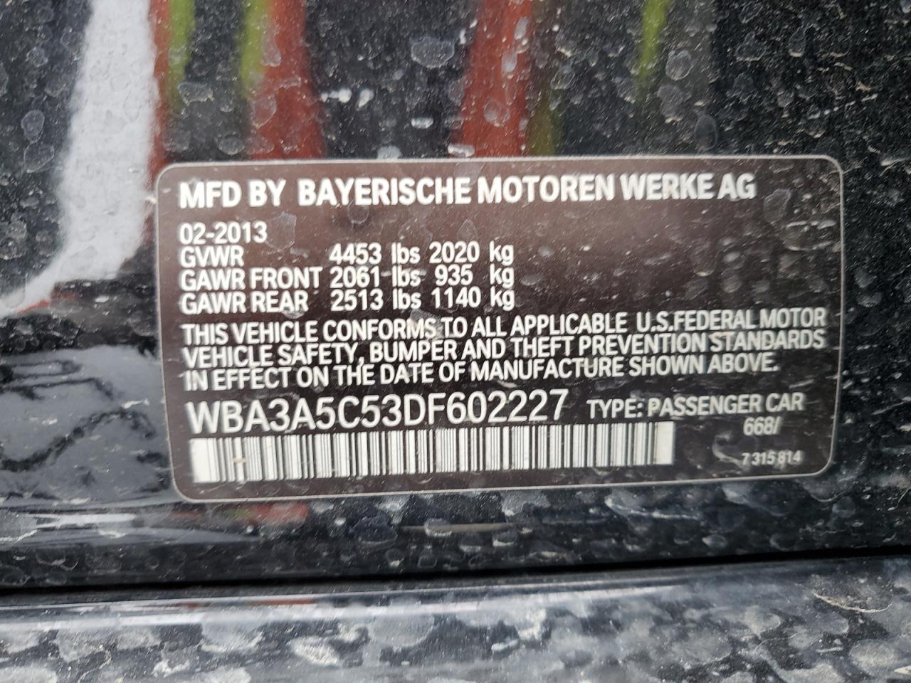 2013 BMW 3er VIN WBA3A5C53DF602227 Copart auction photo, front end damage thumbnail 12