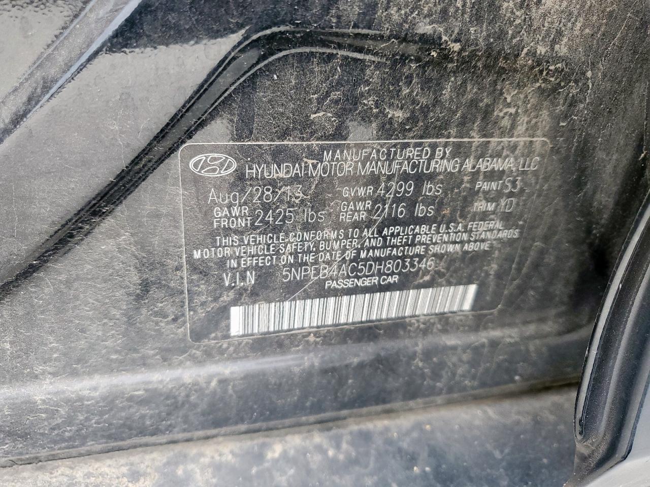 2013 Hyundai Sonata VIN 5NPEB4AC5DH803346 Copart auction photo, front end / hail damage thumbnail 13