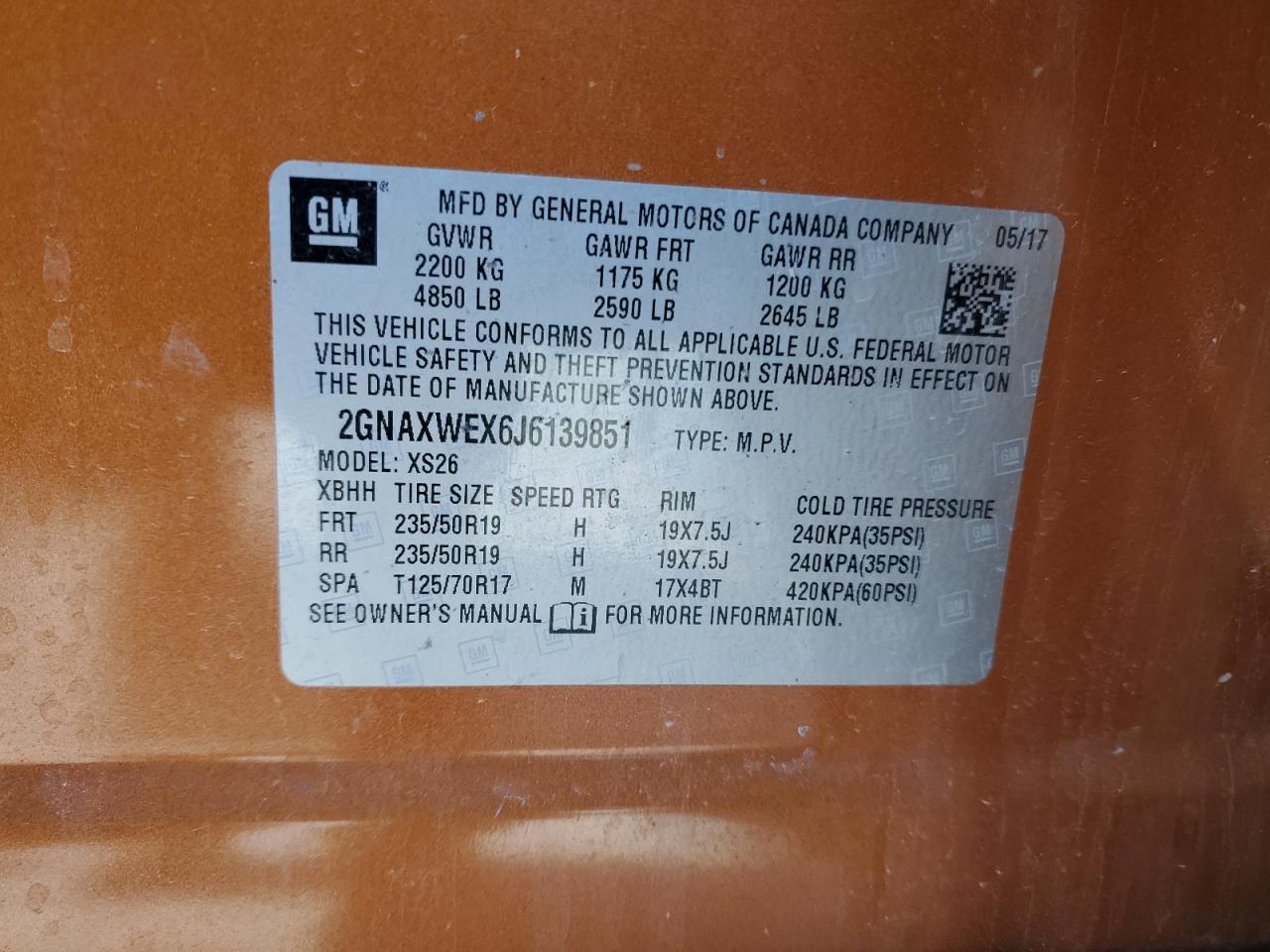 2018 Chevrolet Equinox VIN 2GNAXWEX6J6139851 Copart auction photo, front end / mechanical damage thumbnail 13