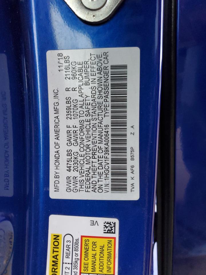 2019 Honda Accord VIN 1HGCV1F39KA006416 Copart auction photo, side damage thumbnail 14