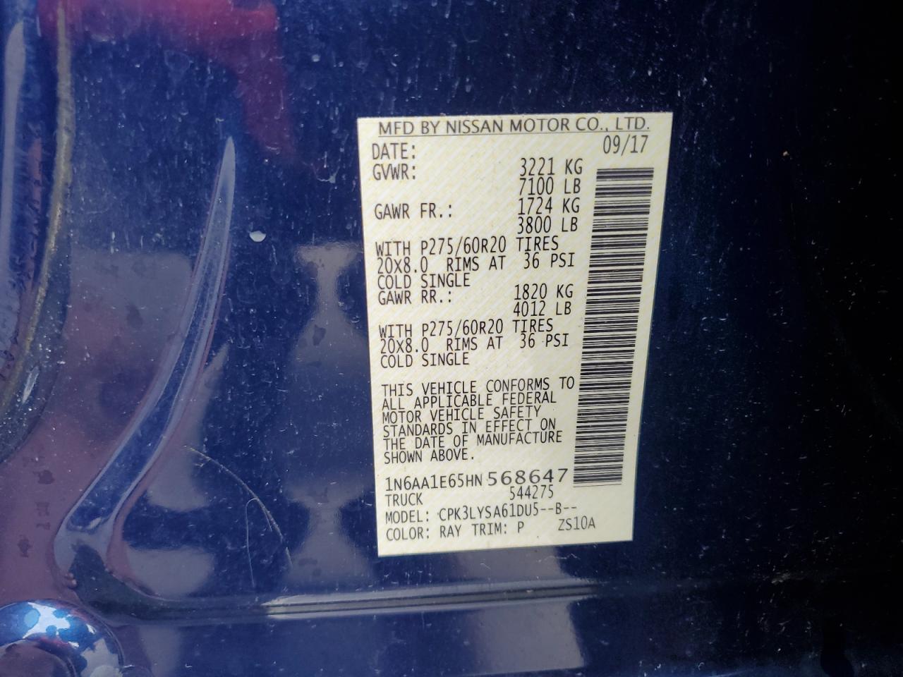 2017 Nissan Titan VIN 1N6AA1E65HN568647 Copart auction photo, front end damage thumbnail 13