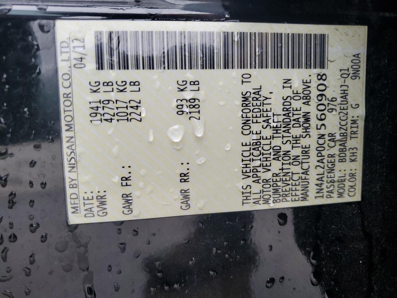 2012 Nissan Altima VIN 1N4AL2AP0CN560908 Copart auction photo, front end damage thumbnail 12