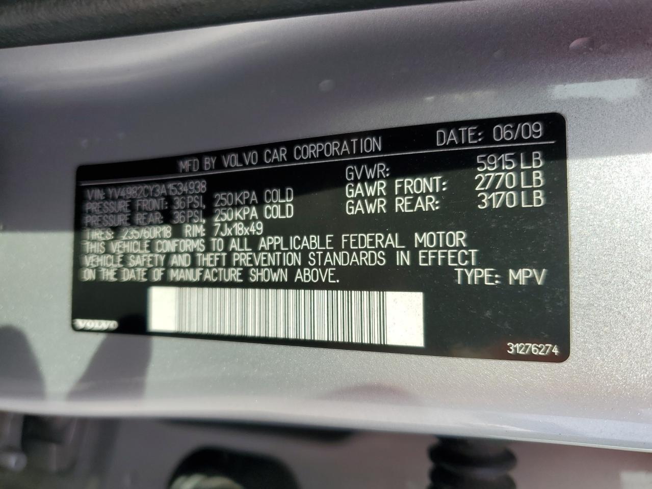 2010 Volvo XC90 VIN YV4982CY3A1534938 Copart auction photo, front end damage thumbnail 15
