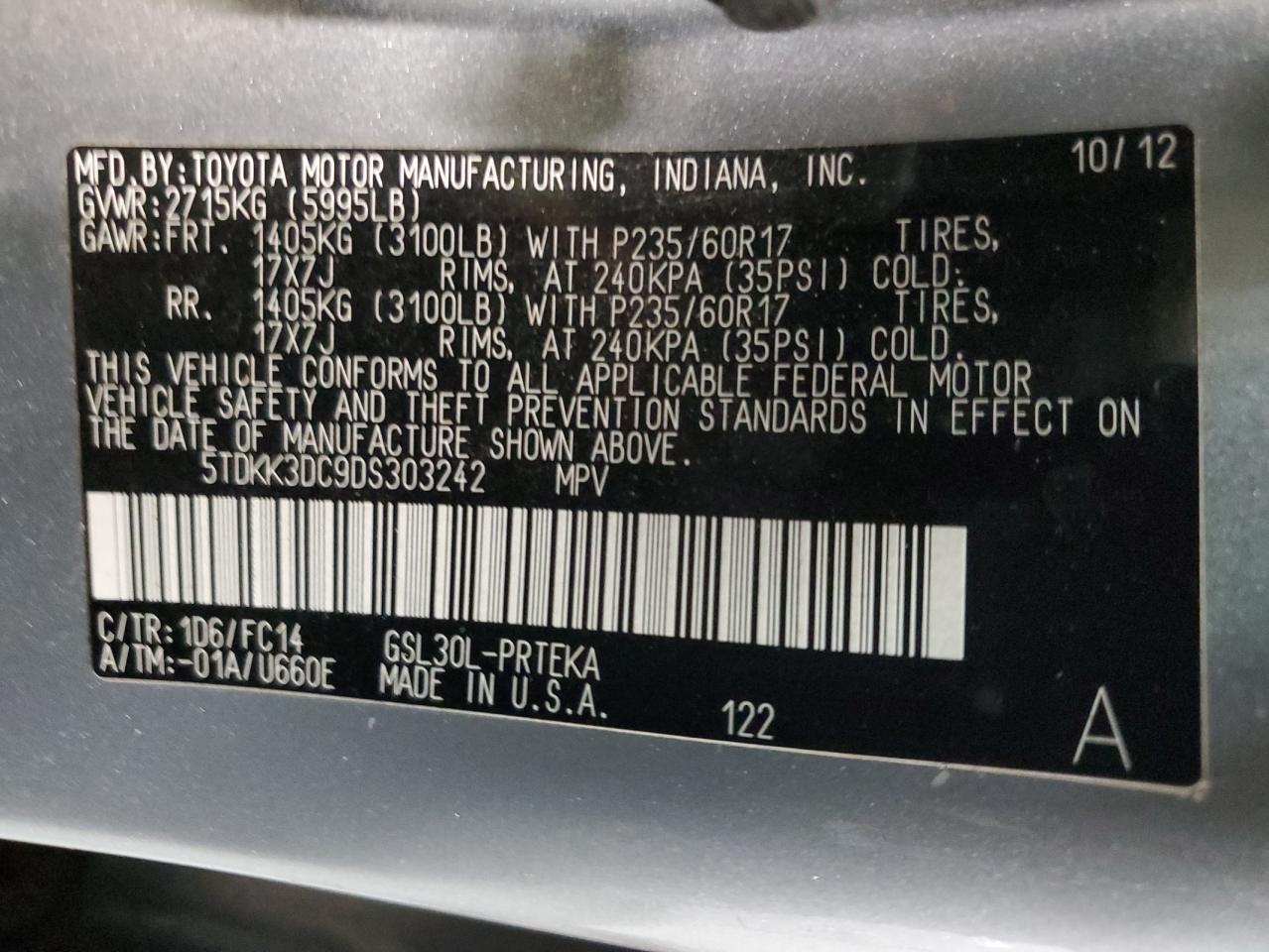 2013 Toyota Sienna VIN 5TDKK3DC9DS303242 Copart auction photo, minor dent/scratches damage thumbnail 13