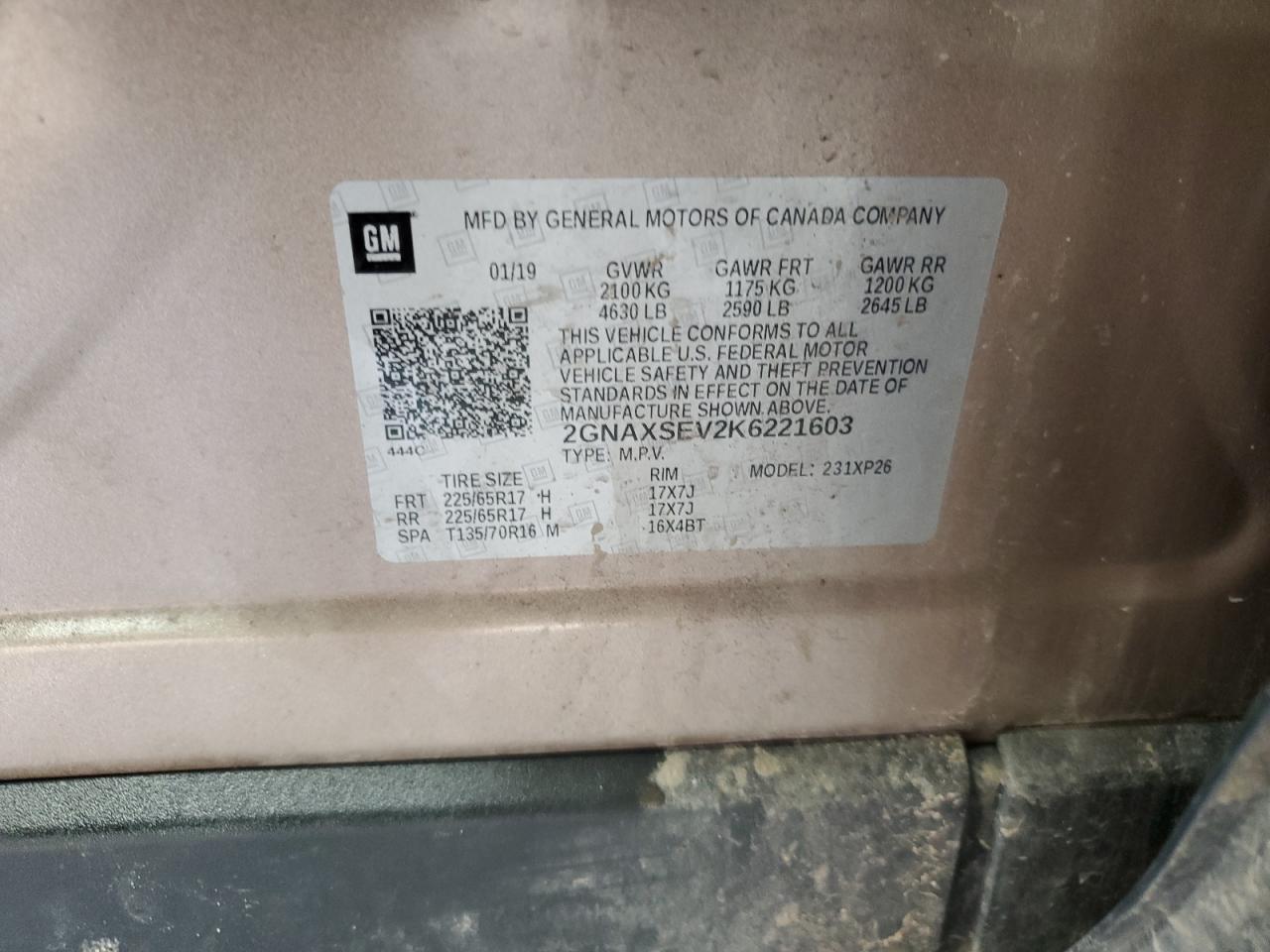 2019 Chevrolet Equinox VIN 2GNAXSEV2K6221603 Copart auction photo, front end / side damage thumbnail 12