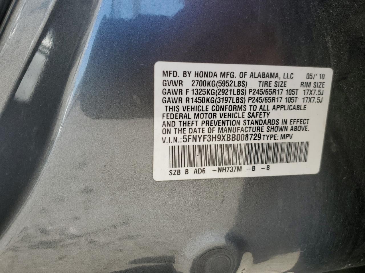 2011 Honda Pilot VIN 5FNYF3H9XBB008729 Copart auction photo, undercarriage damage thumbnail 14