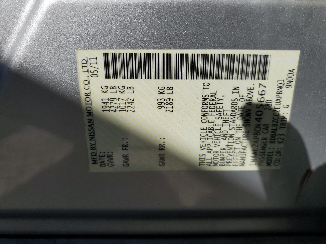 2012 Nissan Altima VIN 1N4AL2AP8CN405667 Copart auction photo, front end / minor dent/scratches damage thumbnail 12