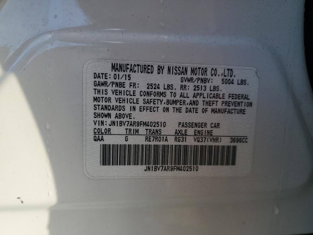 2015 Infiniti Q50 VIN JN1BV7AR9FM402510 Copart auction photo, side / minor dent/scratches damage thumbnail 12
