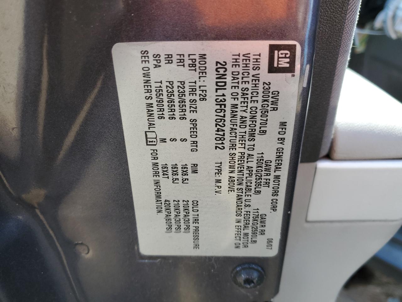 2007 Chevrolet Equinox VIN 2CNDL13F676247812 Copart auction photo, front end / mechanical damage thumbnail 16