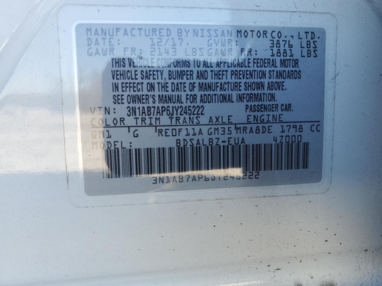 2018 Nissan Sentra VIN 3N1AB7AP6JY245222 Copart auction photo, front end / side damage thumbnail 12