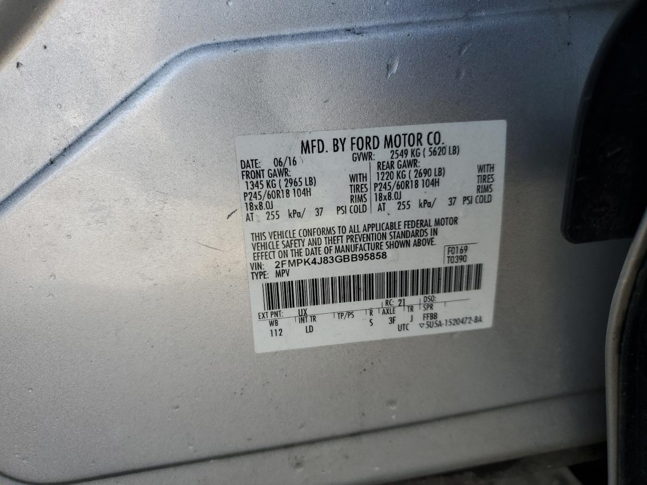 2016 Ford Edge VIN 2FMPK4J83GBB95858 Copart auction photo, front end / side damage thumbnail 13